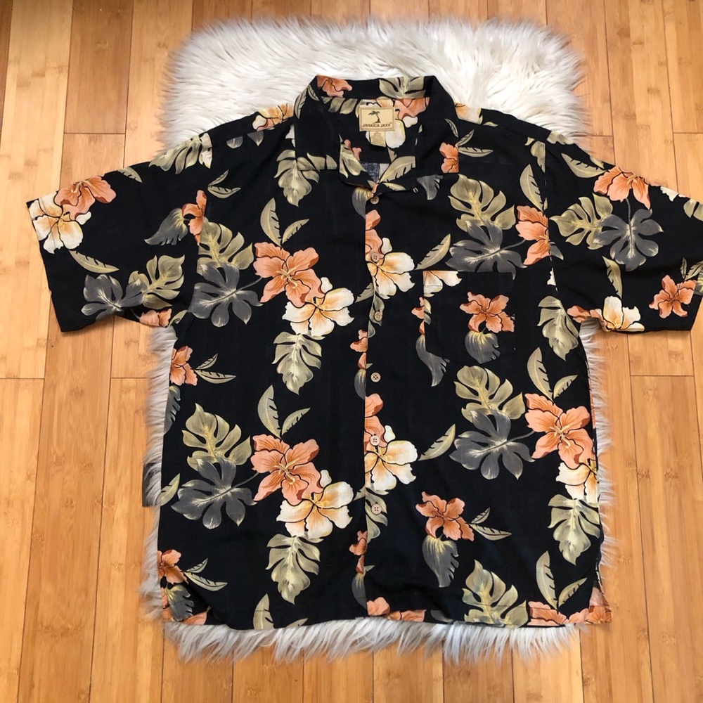 Jamaica Jaxx 100% Silk Hawaiian Hibiscus Button Down Black Orange Mens Shirt XL